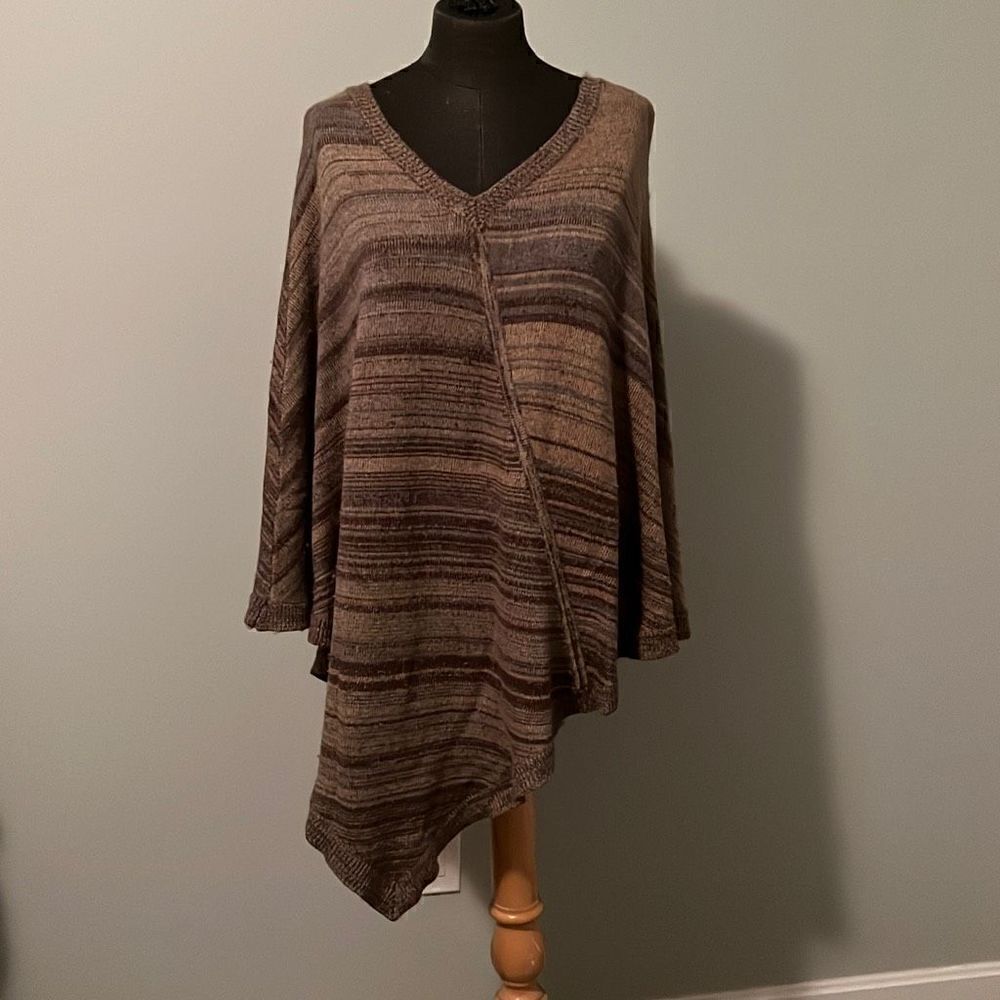The Territory Ahead Women's Brown Wool Blend Rabbit Hair Knit Striped Poncho